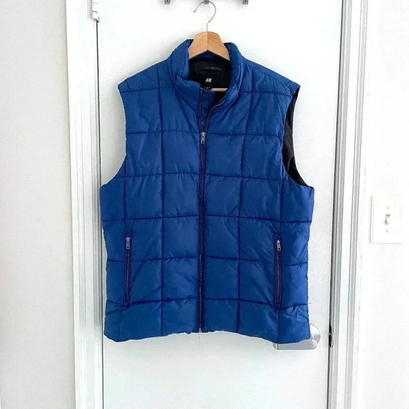 H&M Blue Quilted Puffer Sleeveless Vest Men 44R, 2 Zip Pockets - Picture 1 of 14